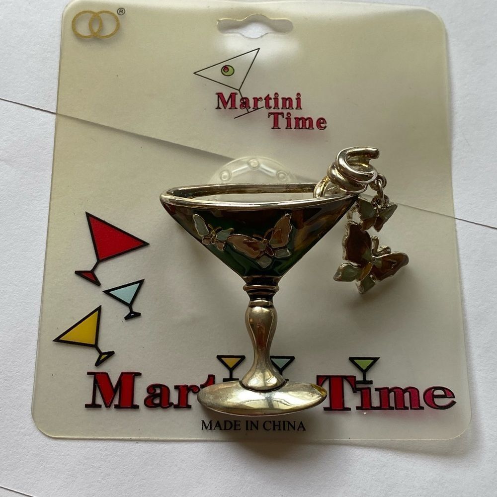 Vintage Martini Time Silver Butterfly Brooch Cocktail Pin Retro Statement Pin